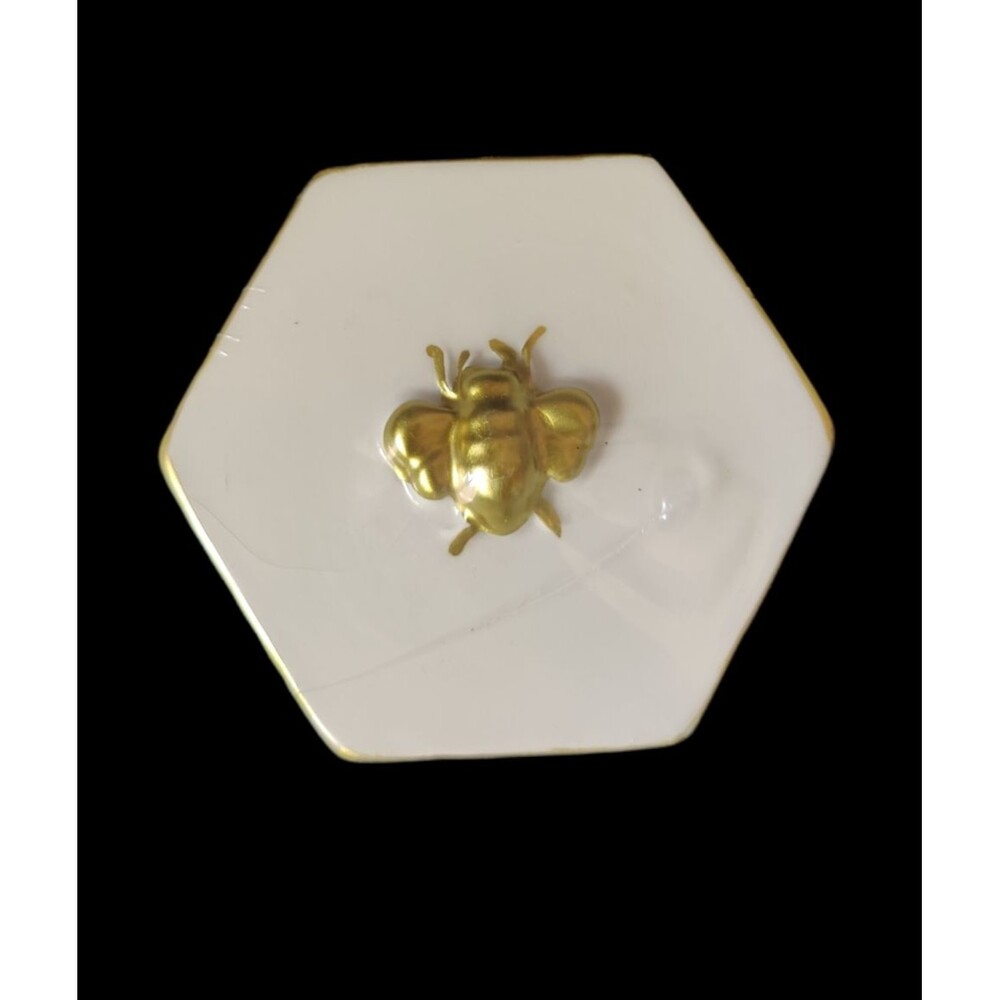 Golden Queen Bee White Ceramic 4" Hexagon Trinket Jewelry BoxG New
